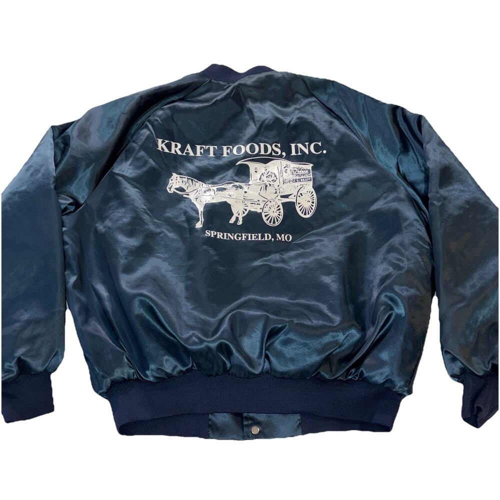 Vintage 80s 90s Kraft Foods Satin Bomber Jacket King Louie USA Made Blue Size L